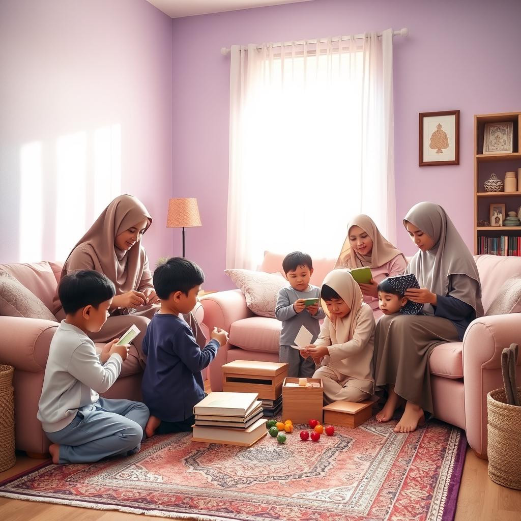 A warm and inviting scene of Muslim children helping their parents in a cozy living room