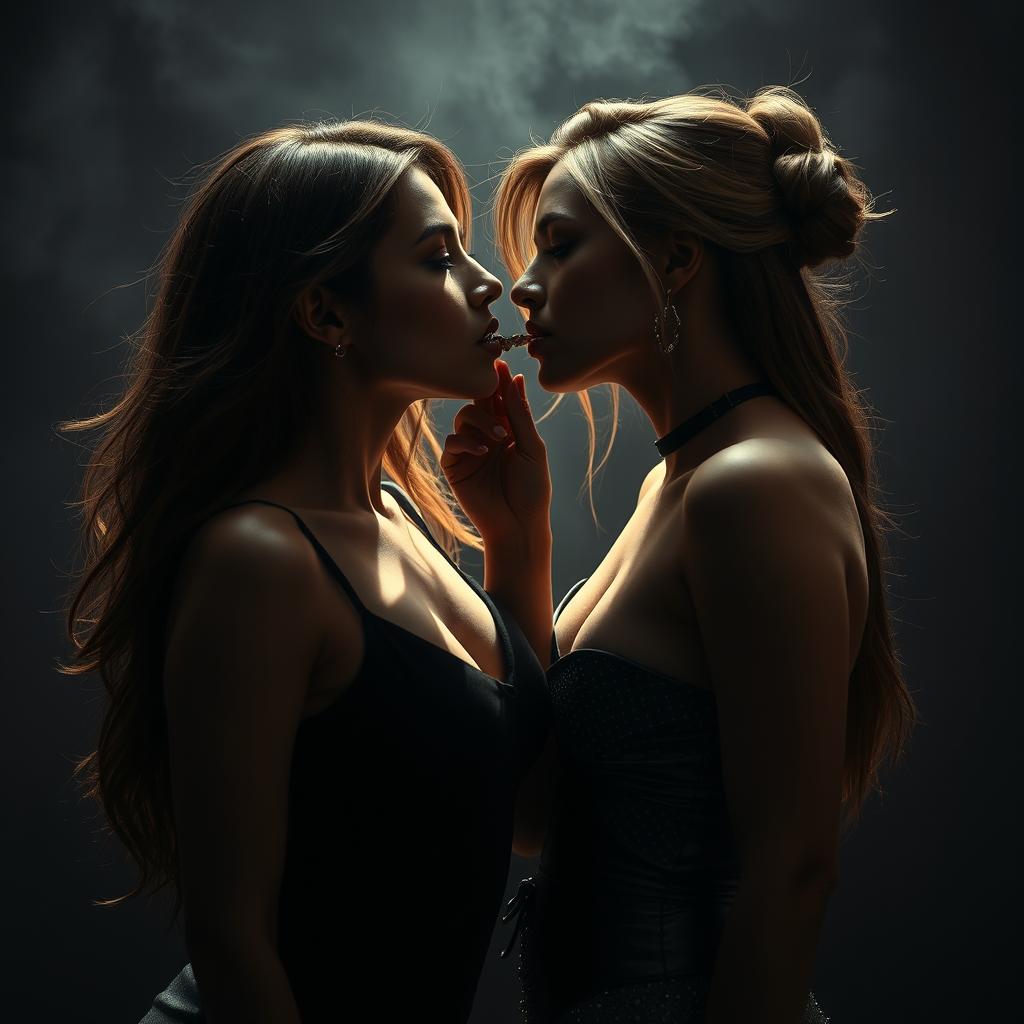 An intense and evocative scene featuring two women, Lala and Tara, engaged in a breathplay scenario that exudes a mix of thrill and intimacy