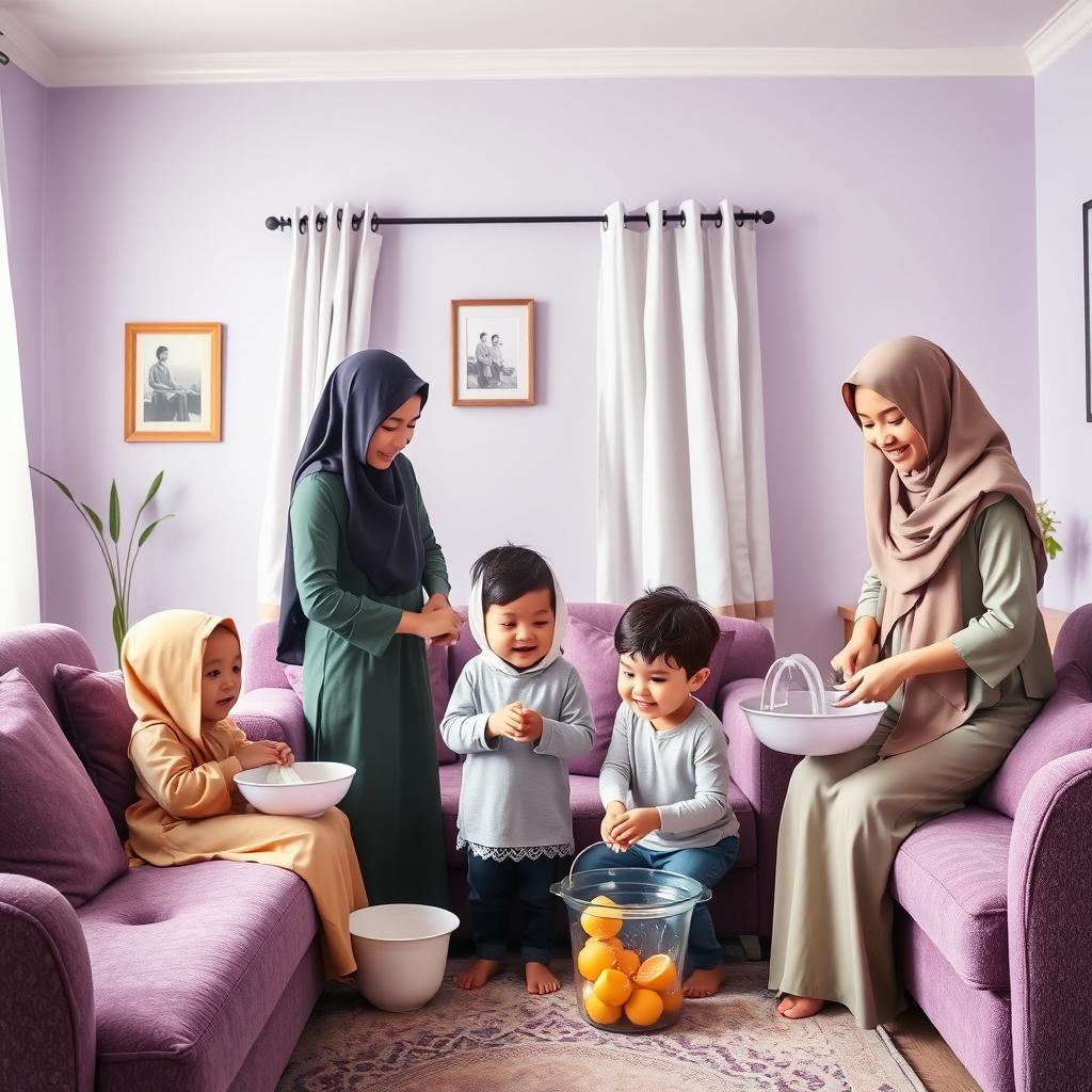 A warm family scene depicting children helping their Muslim parents with household chores in a cozy home