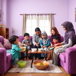 A warm family scene depicting children helping their Muslim parents with household chores in a cozy home