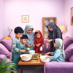 A warm family scene depicting children helping their Muslim parents with household chores in a cozy home
