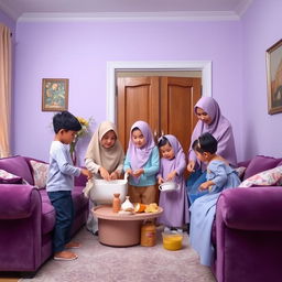 A warm family scene depicting children helping their Muslim parents with household chores in a cozy home
