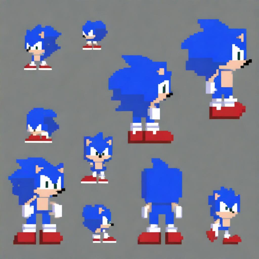 A chilling pixel art sprite sheet of an evil Sonic the Hedgehog, styled in the distinctive aesthetic of Friday Night Funkin'