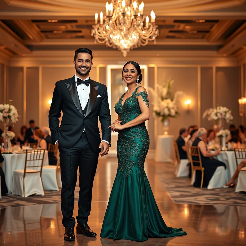 A stylish man and woman in formal attire, standing together under an elegant chandelier in a luxurious ballroom