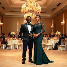 A stylish man and woman in formal attire, standing together under an elegant chandelier in a luxurious ballroom