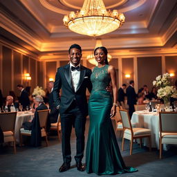 A stylish man and woman in formal attire, standing together under an elegant chandelier in a luxurious ballroom
