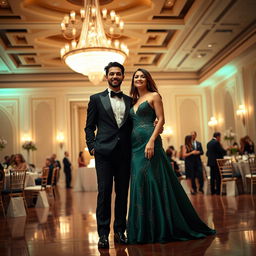 A stylish man and woman in formal attire, standing together under an elegant chandelier in a luxurious ballroom