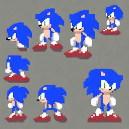 A chilling pixel art sprite sheet of an evil Sonic the Hedgehog, styled in the distinctive aesthetic of Friday Night Funkin'