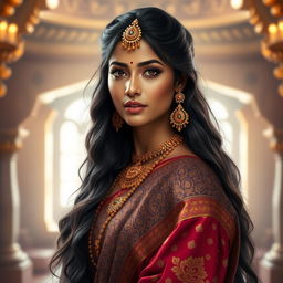 A stunning portrait of Draupadi, the legendary figure from Indian mythology, depicted with long, thick hair flowing elegantly down her back