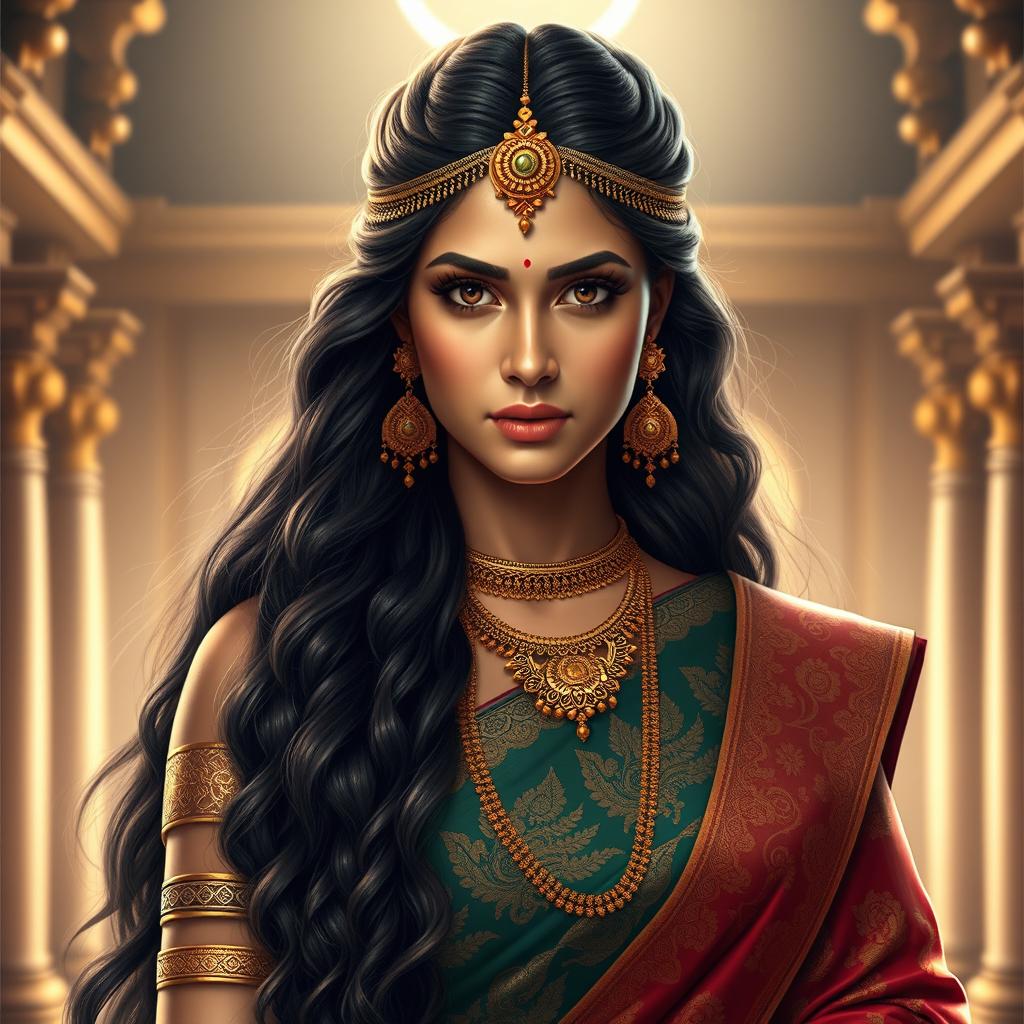 A stunning portrait of Draupadi, the legendary figure from Indian mythology, depicted with long, thick hair flowing elegantly down her back