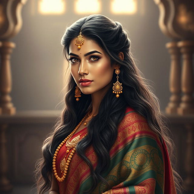 A stunning portrait of Draupadi, the legendary figure from Indian mythology, depicted with long, thick hair flowing elegantly down her back