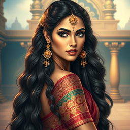 A stunning portrait of Draupadi, the legendary figure from Indian mythology, depicted with long, thick hair flowing elegantly down her back