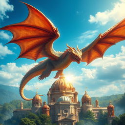 An enchanting book cover design featuring a massive, majestic dragon soaring through a bright blue sky, with its scales shimmering in the sunlight
