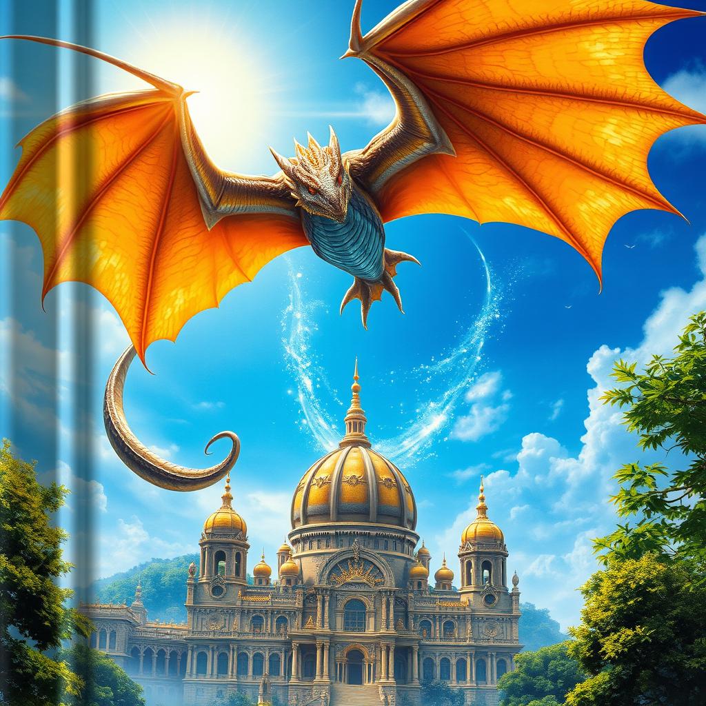 An enchanting book cover design featuring a massive, majestic dragon soaring through a bright blue sky, with its scales shimmering in the sunlight