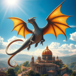 An enchanting book cover design featuring a massive, majestic dragon soaring through a bright blue sky, with its scales shimmering in the sunlight