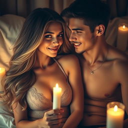 A sensual depiction of an intimate moment between a couple, focusing on a romantic atmosphere