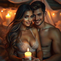 A sensual depiction of an intimate moment between a couple, focusing on a romantic atmosphere