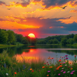 A serene landscape showcasing a vibrant sunset over a calm lake, surrounded by lush green trees and colorful wildflowers, birds gently flying in the sky, capturing a peaceful, tranquil atmosphere