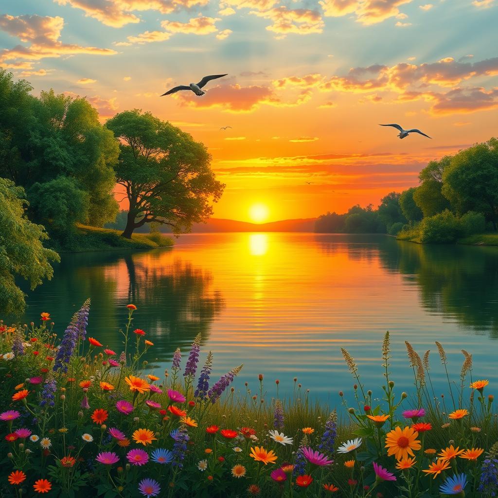 A serene landscape showcasing a vibrant sunset over a calm lake, surrounded by lush green trees and colorful wildflowers, birds gently flying in the sky, capturing a peaceful, tranquil atmosphere