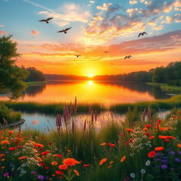 A serene landscape showcasing a vibrant sunset over a calm lake, surrounded by lush green trees and colorful wildflowers, birds gently flying in the sky, capturing a peaceful, tranquil atmosphere