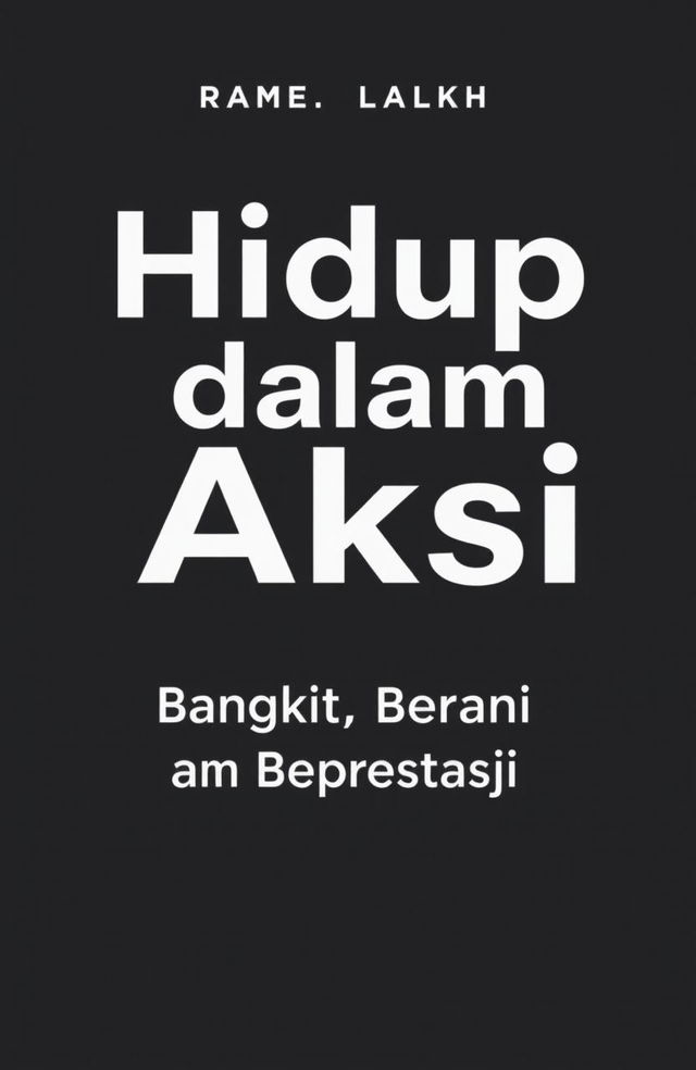 A simple book cover design with a monochrome black and white theme, featuring the title "Hidup dalam Aksi: Bangkit, Berani, dan Berprestasi" in bold, modern typography