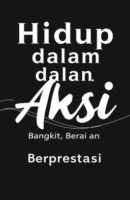 A simple book cover design with a monochrome black and white theme, featuring the title "Hidup dalam Aksi: Bangkit, Berani, dan Berprestasi" in bold, modern typography