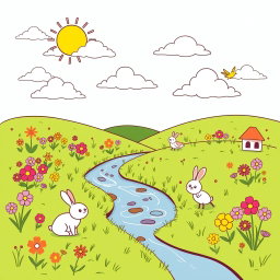 A cheerful landscape featuring a bright sun, fluffy white clouds, a green meadow filled with colorful flowers, and a gentle stream flowing through the scene