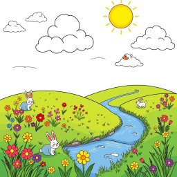 A cheerful landscape featuring a bright sun, fluffy white clouds, a green meadow filled with colorful flowers, and a gentle stream flowing through the scene