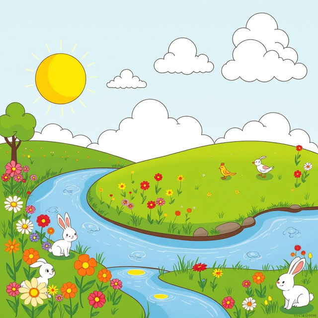 A cheerful landscape featuring a bright sun, fluffy white clouds, a green meadow filled with colorful flowers, and a gentle stream flowing through the scene