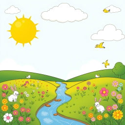 A cheerful landscape featuring a bright sun, fluffy white clouds, a green meadow filled with colorful flowers, and a gentle stream flowing through the scene
