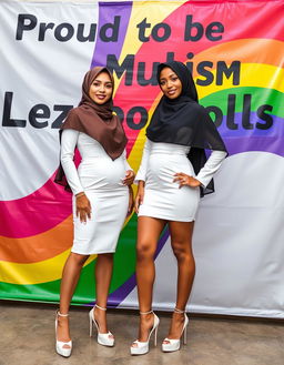 Two sexy and confident American lesbian MILF women with huge boobs are standing together, showcasing their beauty and empowerment
