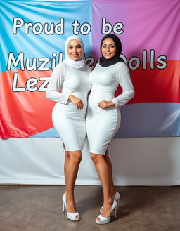 Two sexy and confident American lesbian MILF women with huge boobs are standing together, showcasing their beauty and empowerment
