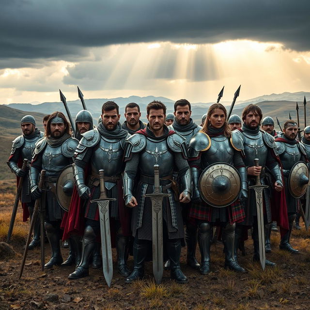 A powerful and unified army standing together on a vast battlefield, wearing a mix of modern and medieval armor