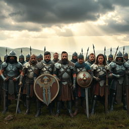 A powerful and unified army standing together on a vast battlefield, wearing a mix of modern and medieval armor
