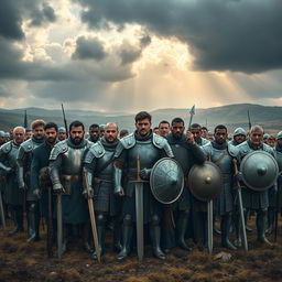 A powerful and unified army standing together on a vast battlefield, wearing a mix of modern and medieval armor