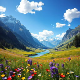 a breathtaking, fantasy landscape featuring a lush, green valley surrounded by majestic, snow-capped mountains under a clear blue sky