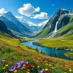 a breathtaking, fantasy landscape featuring a lush, green valley surrounded by majestic, snow-capped mountains under a clear blue sky