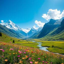 a breathtaking, fantasy landscape featuring a lush, green valley surrounded by majestic, snow-capped mountains under a clear blue sky