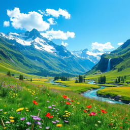 a breathtaking, fantasy landscape featuring a lush, green valley surrounded by majestic, snow-capped mountains under a clear blue sky