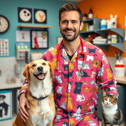 A cozy vet clinic interior featuring a man wearing a stylish outfit adorned with playful cat and dog designs
