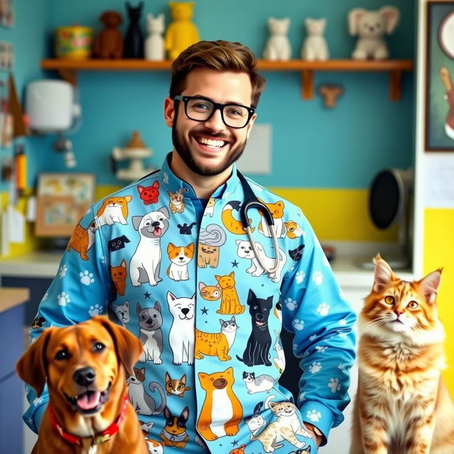 A cozy vet clinic interior featuring a man wearing a stylish outfit adorned with playful cat and dog designs