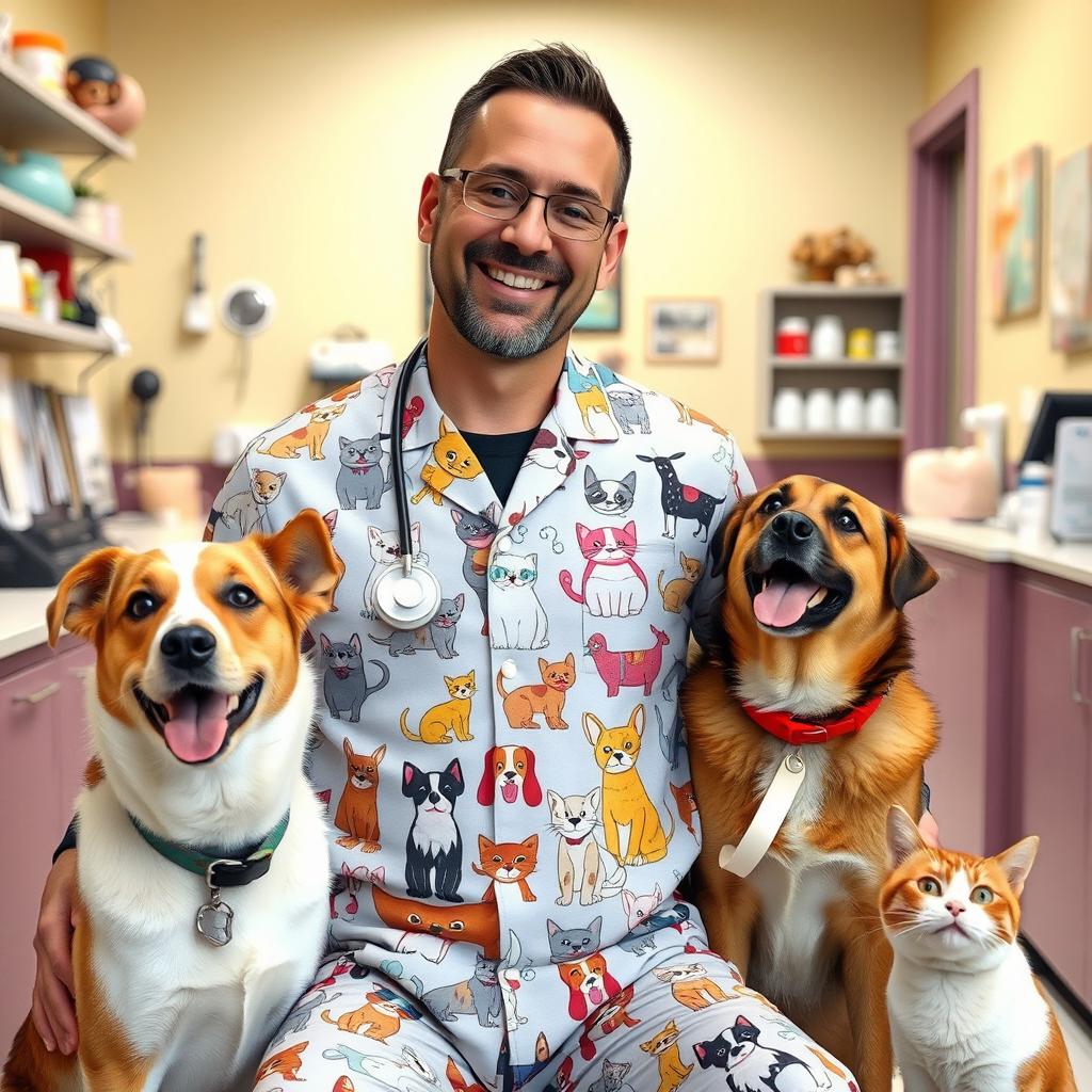 A cozy vet clinic interior featuring a man wearing a stylish outfit adorned with playful cat and dog designs