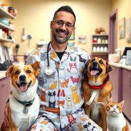 A cozy vet clinic interior featuring a man wearing a stylish outfit adorned with playful cat and dog designs