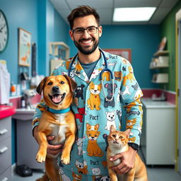 A cozy vet clinic interior featuring a man wearing a stylish outfit adorned with playful cat and dog designs