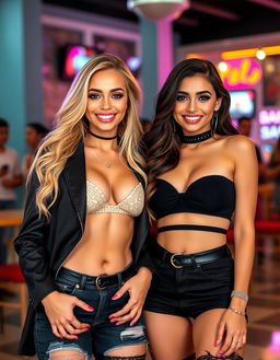 Two sexy and confident Arab blonde lesbian slim women, both aged 21, exuding charisma and allure