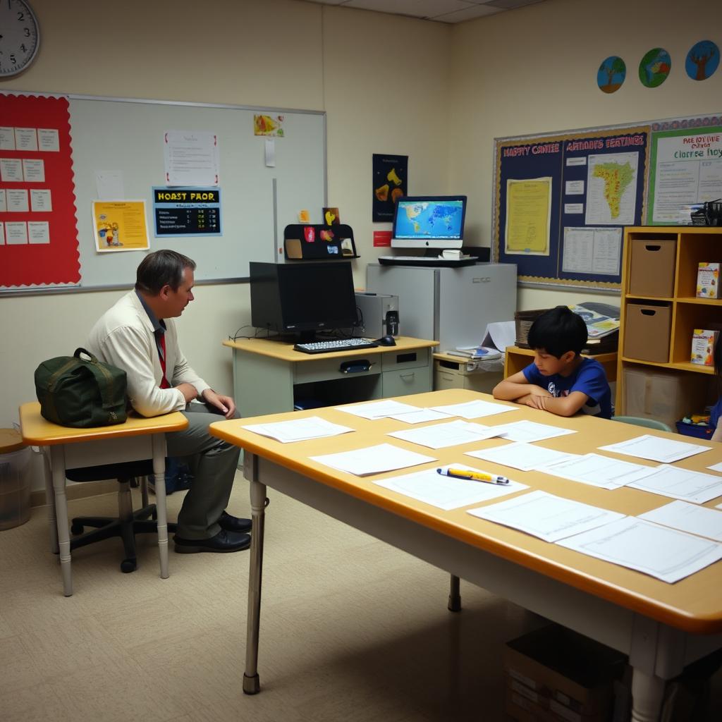 A classroom scene featuring a teacher sitting at a small table with a bag on it