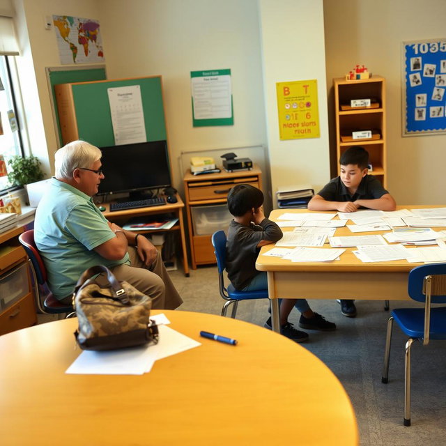 A classroom scene featuring a teacher sitting at a small table with a bag on it