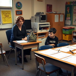 A classroom scene featuring a teacher sitting at a small table with a bag on it