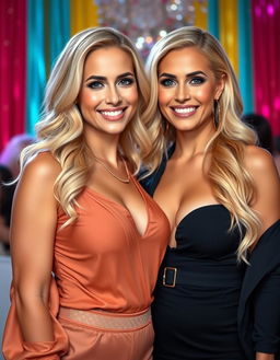 Two sexy and confident Arab blonde lesbian women, both aged 40, showcasing their beauty and charm with huge silicon boobs