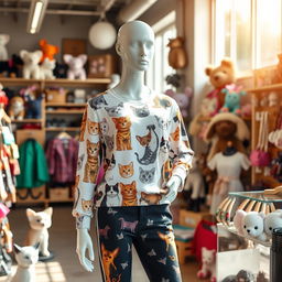 A realistic display featuring a life-sized mannequin dressed in fashionable clothing with eye-catching cat and dog designs